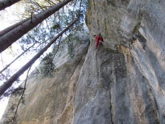 Romano Costantini at the crux of Goditela (7b)